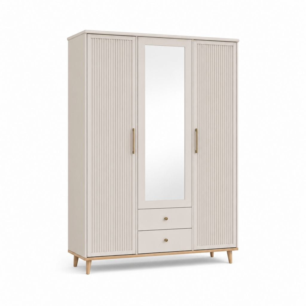 3-türiger Kleiderschrank Beige aus MDF mit Spiegel und 2 Schubladen 189 x 120 x 52 cm
