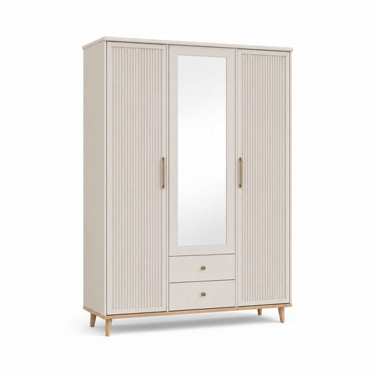 3-türiger Kleiderschrank Beige aus MDF mit Spiegel und 2 Schubladen 189 x 120 x 52 cm
