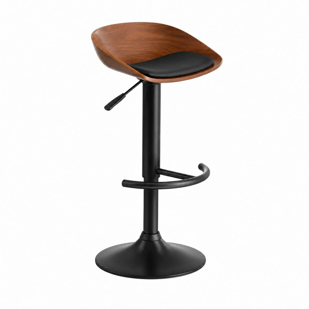 Barhocker höhenverstellbar mit Nussbaumfurnier und schwarzem PU-Sitzkissen 52 x 50 x 92-113 cm