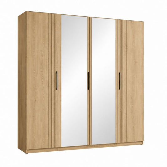 4-türiger Kleiderschrank Eiche-Optik aus melaminbeschichteter Spanplatte mit 2 Spiegeln 200 x 200 x 52 cm