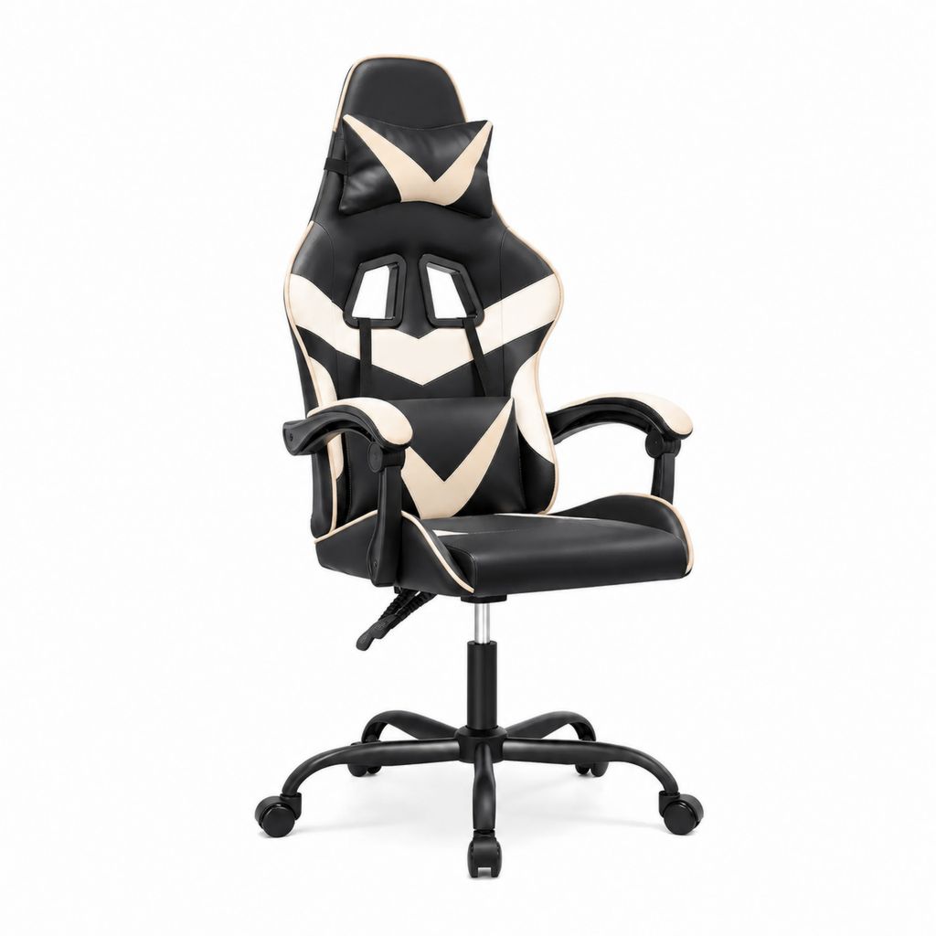 Gamingstuhl Schwarz Creme PU-Kunstleder mit Kopfkissen Lendenkissen 65 x 65 x 115-125 cm