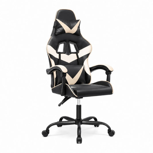 Gamingstuhl Schwarz Creme PU-Kunstleder mit Kopfkissen Lendenkissen 65 x 65 x 115-125 cm