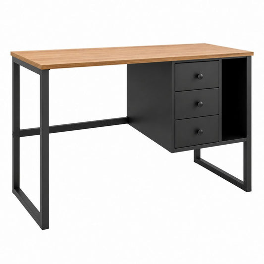 Schreibtisch mit 3 Schubladen und Ablagefach Eichenoptik Schwarz Holzwerkstoff Stahl rechteckig 120 x 60 x 75 cm