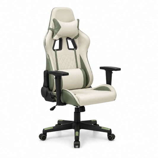 Gamingstuhl Bürostuhl Weiß Grün PU-Kunstleder mit Kopfkissen Lendenkissen und Fußkreuz 68 x 52 x 126-136 cm