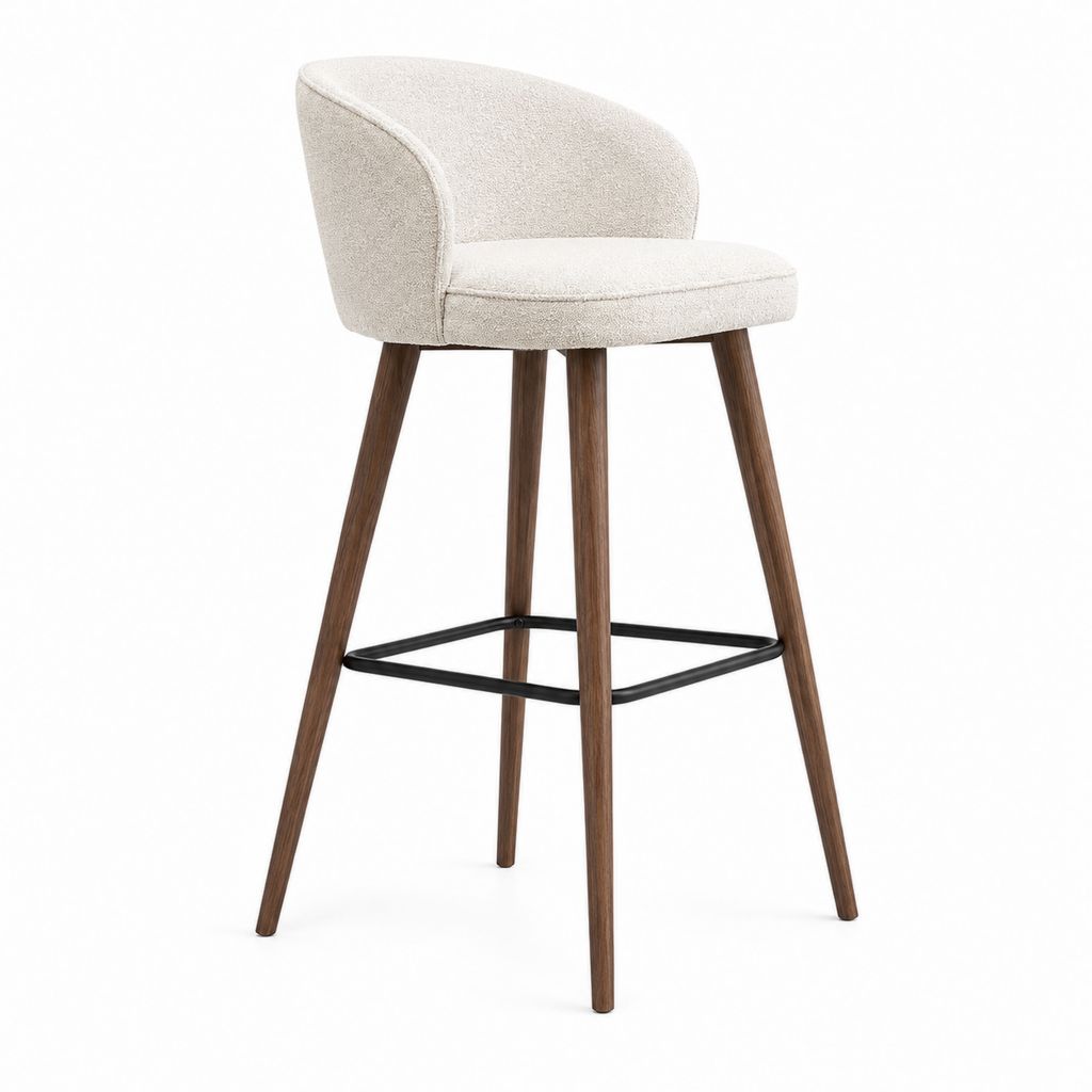 Barhocker mit Rückenlehne Creme Polyester Bouclé Massivholzgestell 52 x 54 x 103 cm Sitzhöhe 75 cm